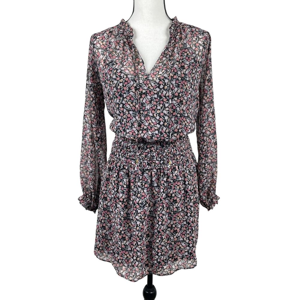 Lola Grace Women's Mini Dress Large Black Floral Tie Neck Smocked Long Sleeve